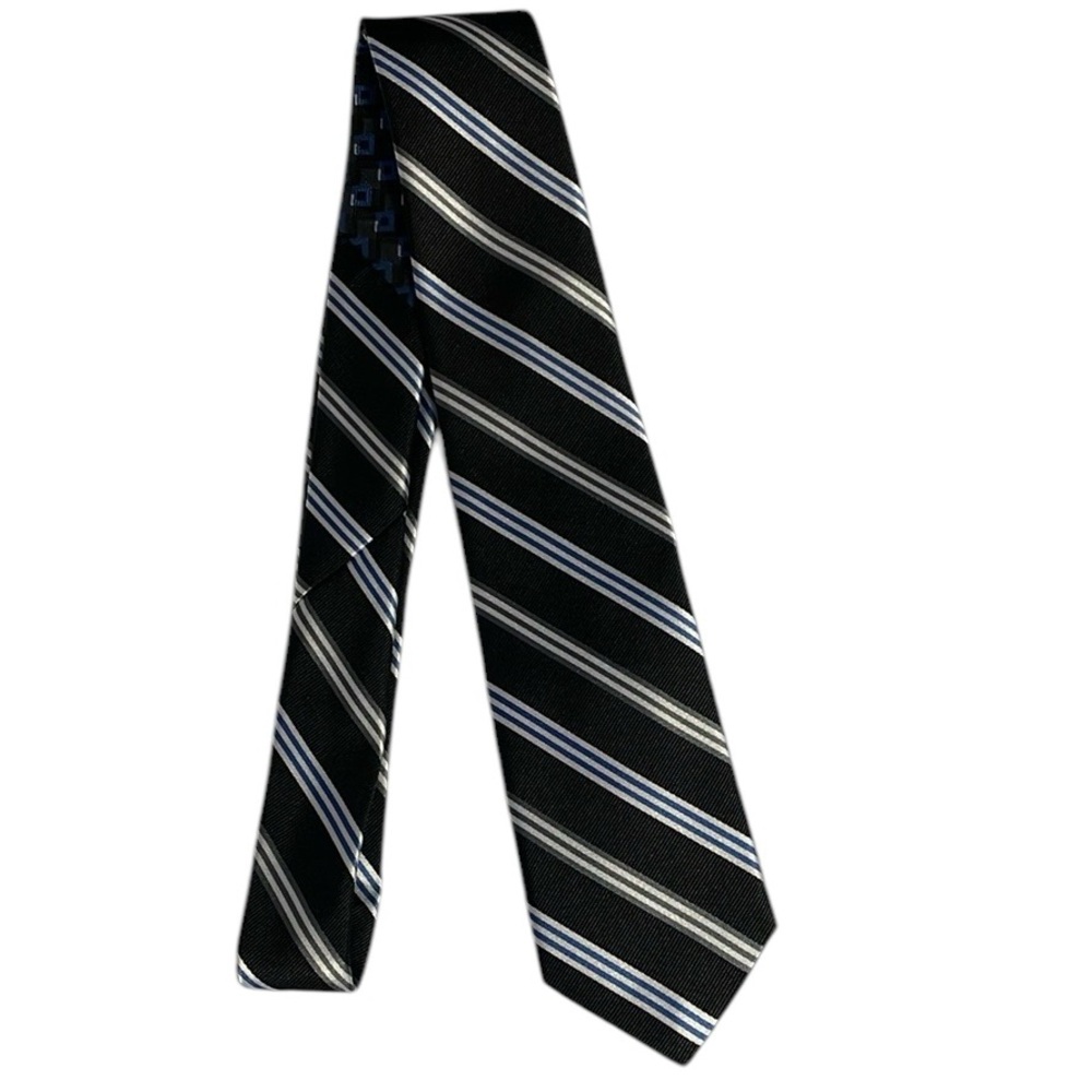 Egara 100%‎ silk black tie with white, blue and silver stripes. New with tags.